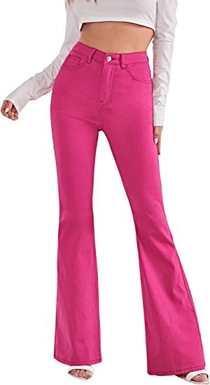 Women's Casual Denim Pants Heart Print High Waist Stretchy Bell Bottom Flared Jeans