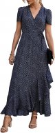Women's Summer Wrap Maxi Dress Casual Boho Floral V Neck Short Sleeve Ruffle Hem Split Beach Long Dresses