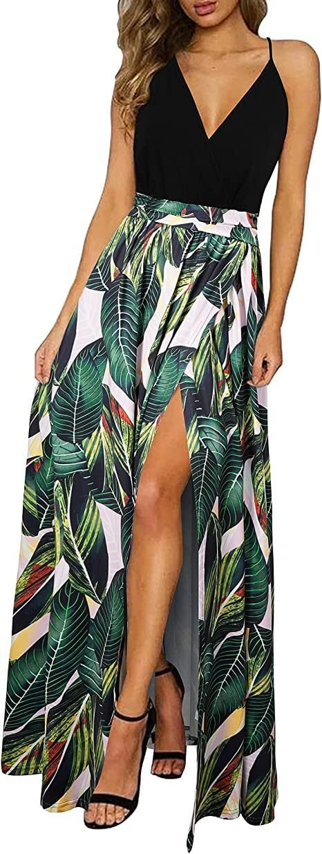 Women's Summer V Neck Spaghetti Strap Sleeveless Casual Split Long Maxi Dress