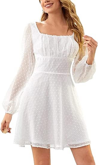 Women's Polka Dots Square Neck A line Long Sleeve Swiss Dots Mini Dress